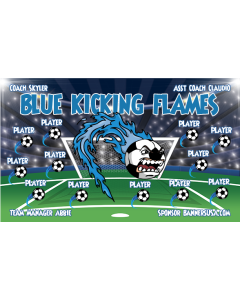 Blue Kicking Flames Soccer 13oz Vinyl Team Banner E-Z Order